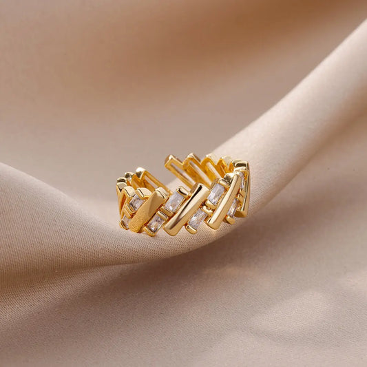 Bagues en zircon pour femmes, bague d'ouverture en acier inoxydable plaqué or, bijoux esthétiques de mariage de luxe tendance 2023